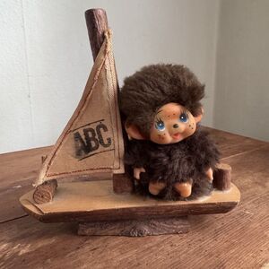 Sekiguchi monchhichi Small Doll On Wooden Sailboat Rare 1970s Japan Collectible
